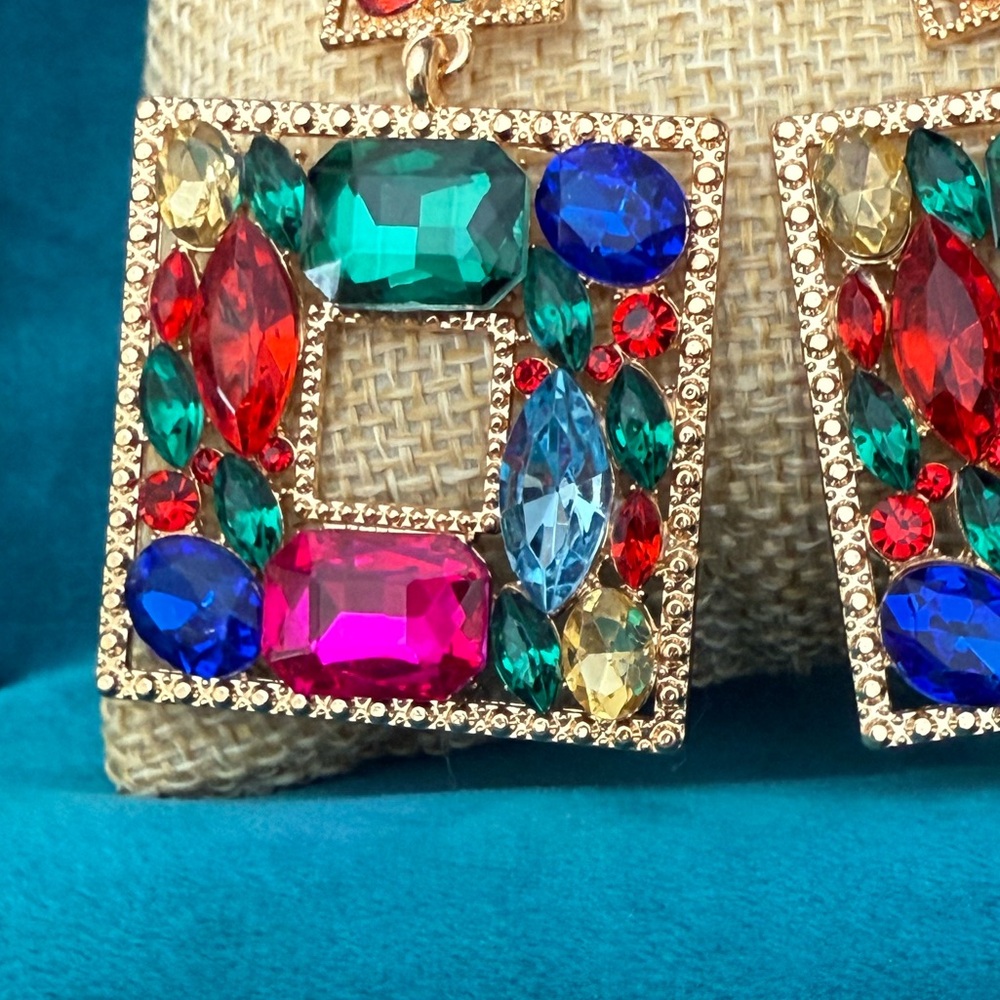 Multicolor Gemstone Square Earrings NEW - Picture 3 of 4